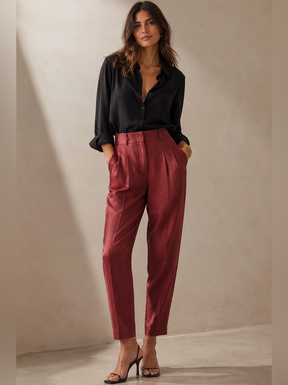 A.L.C. Burgundy Linen-Blend Pleated Trousers Size 10, 27” Inseam